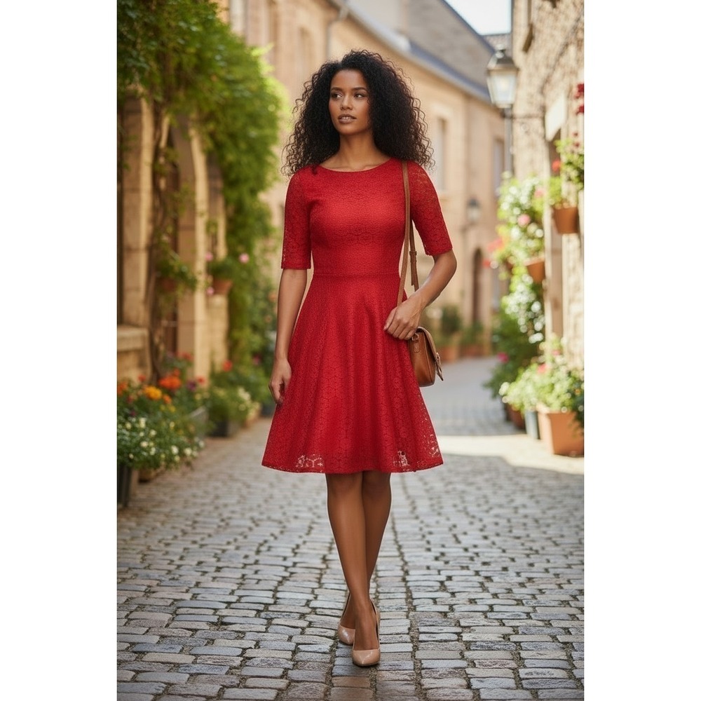 Danny & Nicole Red A-Line‎ Lace Short Sleeve Knee Length Dress 6P